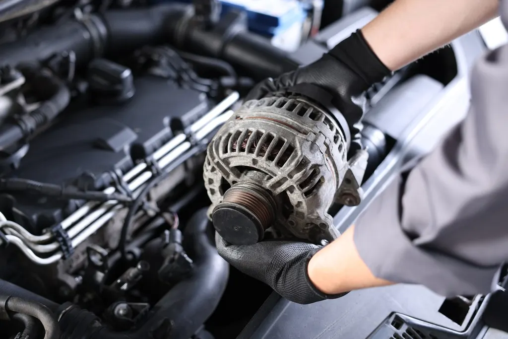 Mechanic working on an alternator in an engine bay